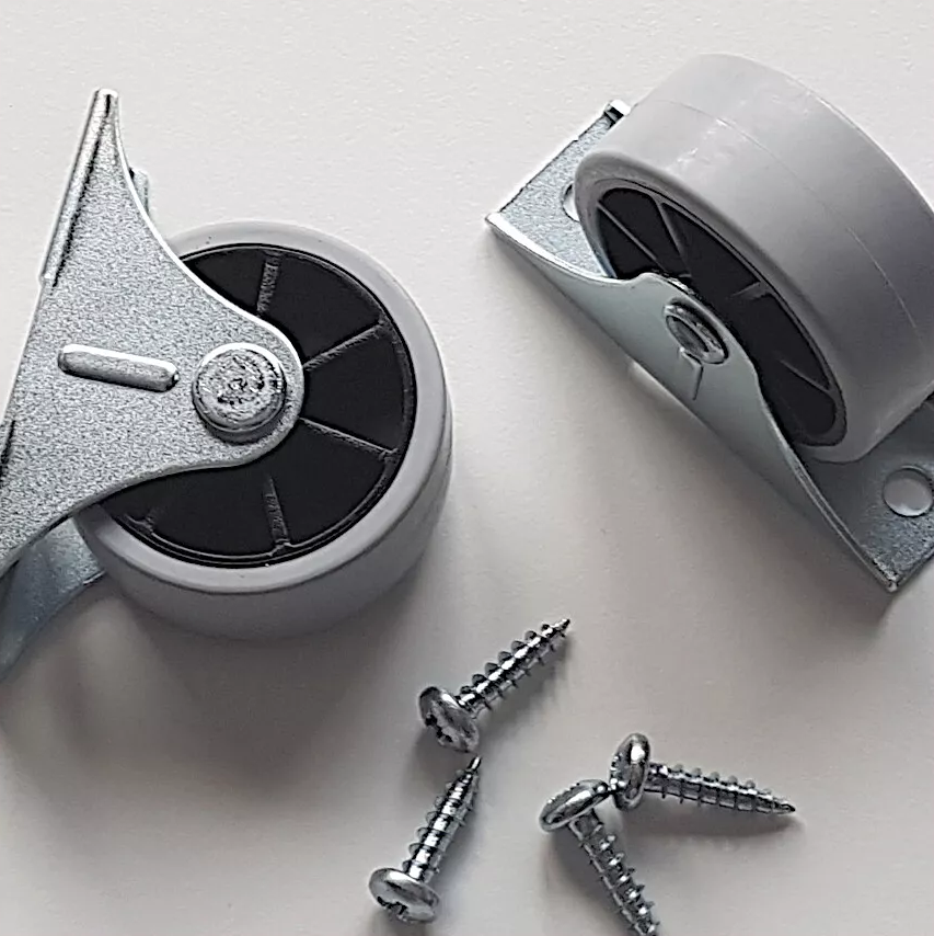 Set of 2 caster wheels ref 111401 with 4 screws ref 109049, compatible with IKEA HEMNES, BRIMNES, FLEKKE.