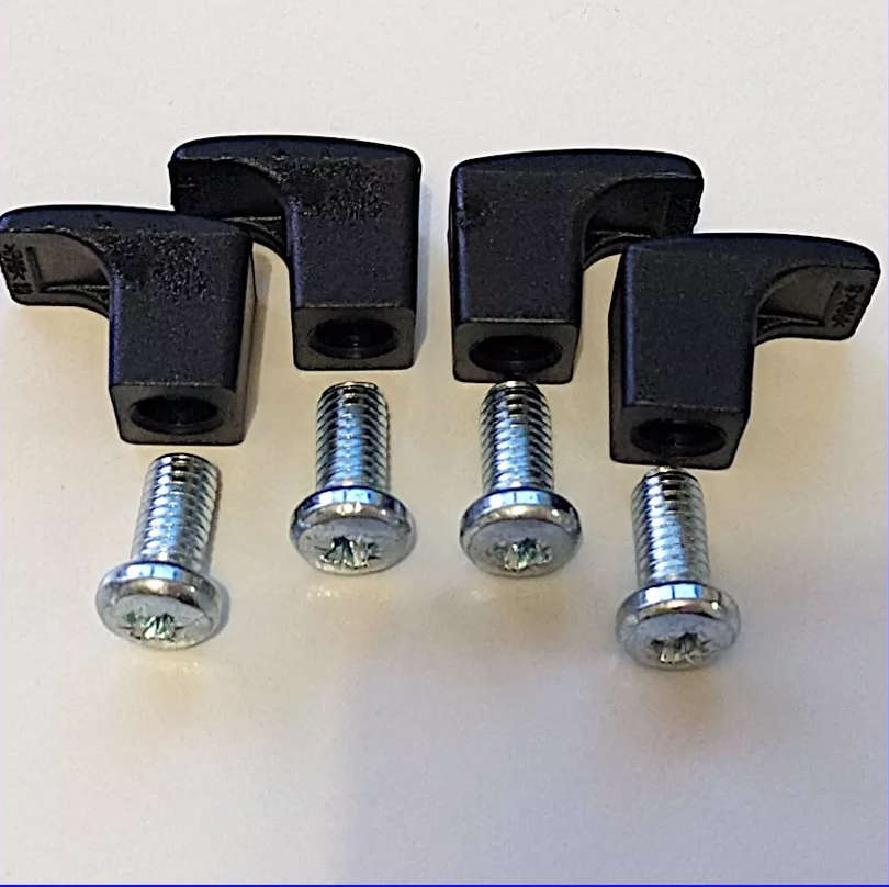 Set of 4 black plastic slat stops ref 191315 with matching screws ref 105163. Compatible with IKEA SLATTUM, BRIMNES, HAUGA.